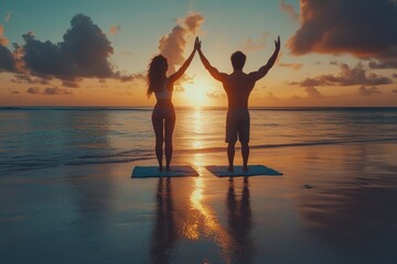 Fototapeta premium Embracing the sunset during a tranquil beach yoga session in a tropical paradise