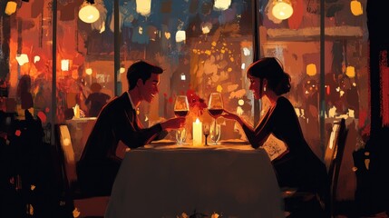 Romantic couple enjoying a candlelit dinner at a restaurant with city view.