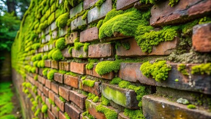 Textured Minimalist Photography of Mossy Aged Brick Wall Background, Nature&rsquo;s Artistry Showcasing Green Moss Growth on Weathered Bricks in a Serene Setting