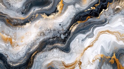 Obraz premium A stunning abstract artwork featuring swirling patterns in black, white, and gold tones, evoking elegance and sophistication.