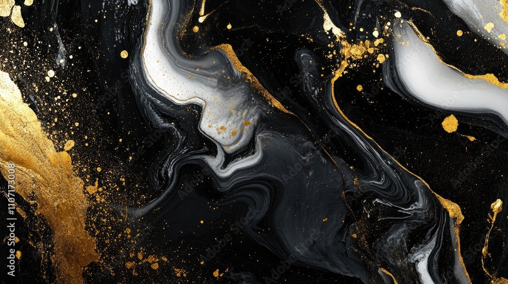 Poster Abstract black and gold marbled texture with swirling patterns, creating a luxurious and dynamic visual effect.