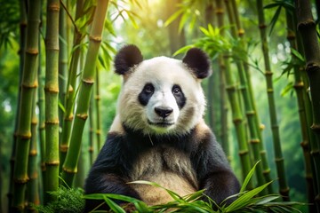 Obraz premium The Gentle Gaze of a Majestic Panda in a Serene Bamboo Forest, Capturing Nature's Beauty and Tranquility in Perfect Harmony with the Rule of Thirds Composition