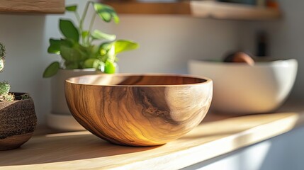 A Wooden Bowl with a Natural Finish on a Wooden Shelf with Plants