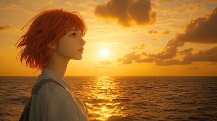 Serene Anime Girl with Flowing Hair Against Golden Sunset Horizon