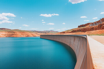 Wide angle view of dam with blue water and rocky landscape