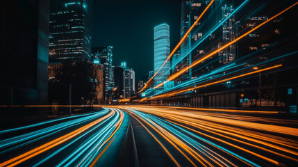 Obraz premium vibrant cityscape at night showcasing dynamic light trails from vehicles, creating sense of motion and energy. illuminated buildings add to urban atmosphere