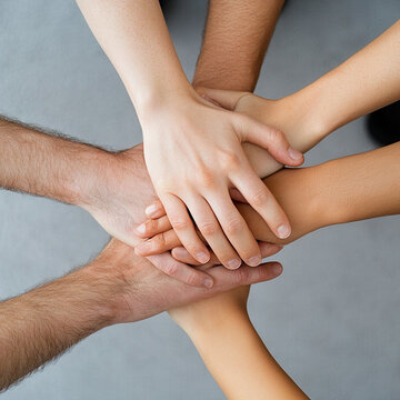 Collaborative teamwork with diverse hands joining together in unity