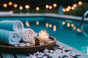 Soft towels and candles create tranquil spa setting by pool