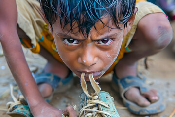 A young Indian boy grits his teeth in irritation, his impatience growing as he struggles to tie his shoelaces, his determination to master the task unwavering despite the challenges.