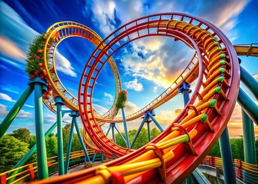 Thrilling Panoramic View of a Rollercoaster Loop Capturing the Excitement and Adrenaline of an Amusement Park Ride with Vibrant Colors and Dynamic Motion