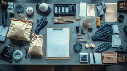 Flatlay of forensic investigation tools and evidence on a table.