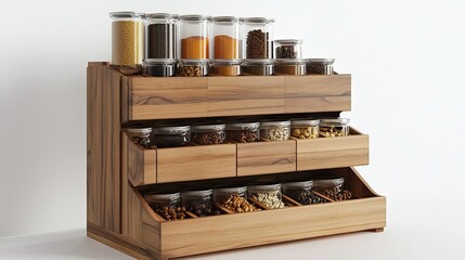 Wooden storage unit with glass jars filled with various ingredients