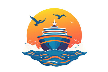 Fototapeta premium Cruise ship sailing on vibrant ocean waves with seagulls flying above. isolated on transparent background