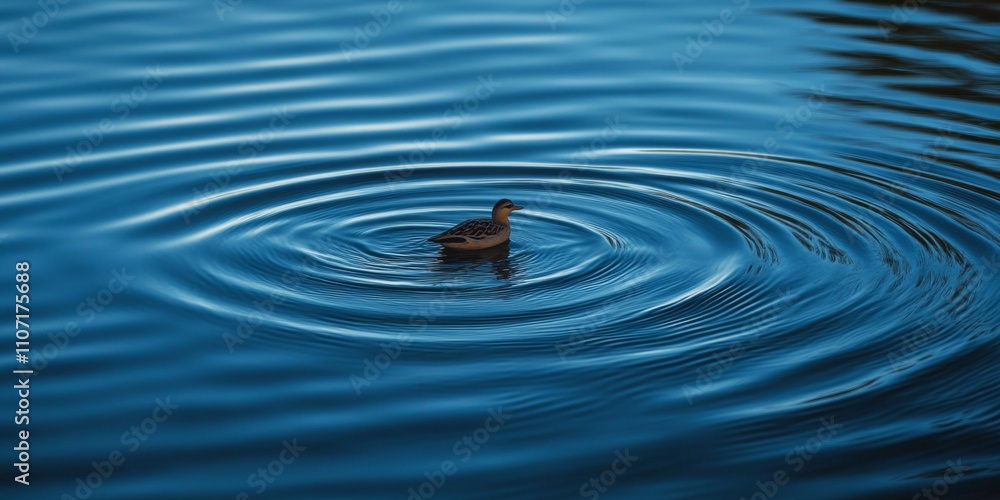 Poster a serene scene of a duck gliding on a calm lake. the gentle ripples create a soothing effect. perfec