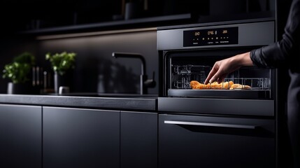 Obraz premium Modern kitchen with a built-in oven and a person placing food inside, showcasing sleek black cabinets and a minimalist design.