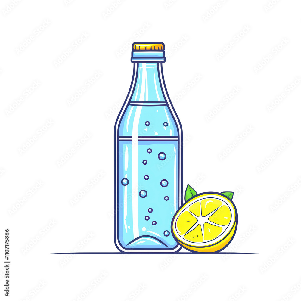 Poster refreshing lemon soda in clear bottle with lemon slice isolated on transparent background