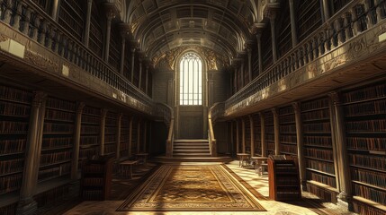 Obraz premium Grand library interior with high ceilings, bookshelves, and a sunlit staircase.