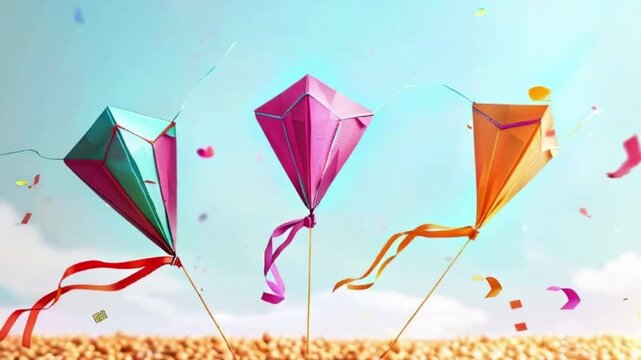 Colorful kites soaring high above sky on holiday composition