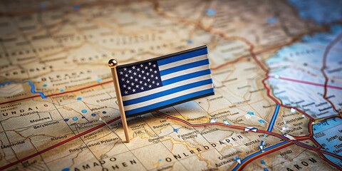 Naklejka premium Tilt-Shift Photography of the American Thin Blue Line Flag on a Detailed Map of Oklahoma, Symbolizing Support for Law Enforcement and Community Unity