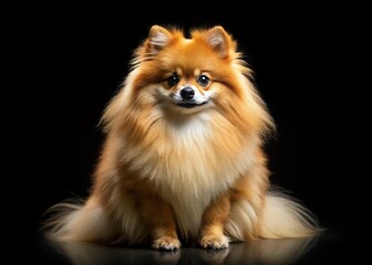 Obraz premium Tilt-Shift Portrait of a Charming Pomeranian Spitz Sitting Gracefully on a Black Background, Capturing the Cuteness and Fluffiness of This Adorable Dog Breed