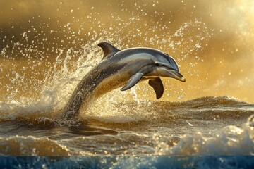 Fototapeta premium A dolphin leaps out of the water, creating a splash as the sun sets in the background.