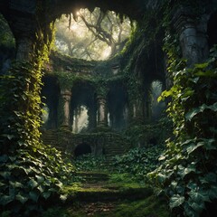 Naklejka premium A glowing ivy-covered ruin in a fantasy jungle.