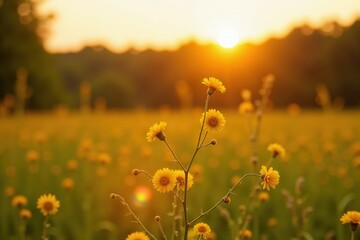 Obraz premium Golden sunset over wildflower meadow: capturing nature's serenity and vibrant yellow blooms in tranquil light.