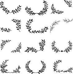 Set of elegant floral logo elements. Borders and dividers, frame corners and branch. Boho Hand drawn line wedding herb, leaves for invitation save the date card. Botanical rustic trendy greenery.