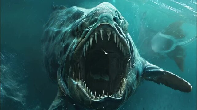 Terrifying scary sea monster in dark depths of deep ocean