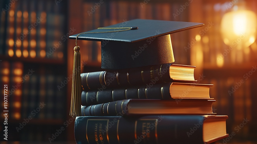Poster graduation cap on stacked books in a library setting.