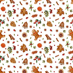 Christmas pattern, gingerbread, candle, holiday party, red, green, autumn pattern, fall, winter, berries, forest, September, October, November, December