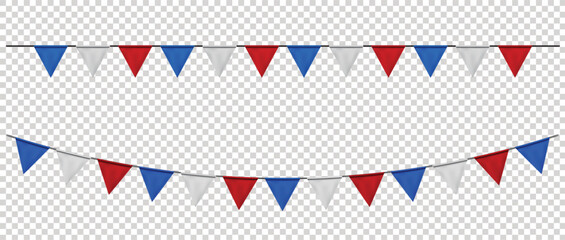 Obraz premium Blue, Red, White Bunting flags, carnival party triangle flag banner background. Decorative pennants hanging on a rope for Celebration, Birthday, Holiday, New Year. Festive decoration elements vector 