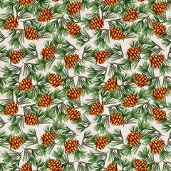 new year, trees, cones, forest, green, holiday, pattern, aesthetics, watercolor, background, background image, texture, seamless, continuous, wallpaper