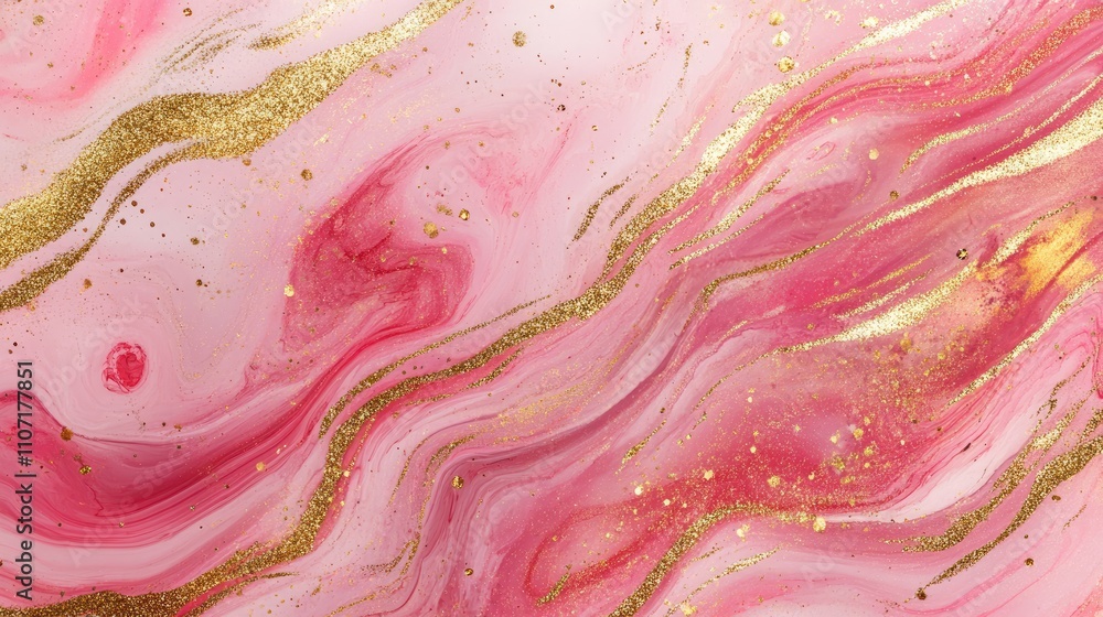Poster abstract pink and gold marbled texture with swirling patterns and shimmering highlights.