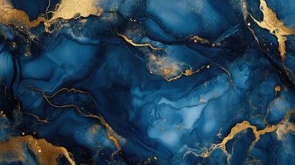 Abstract blue and gold marble texture with fluid patterns and vibrant contrasts.