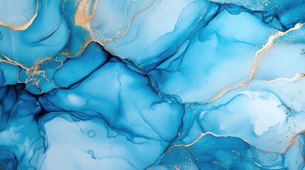 Abstract blue and gold marbled texture with flowing patterns and glittering accents.