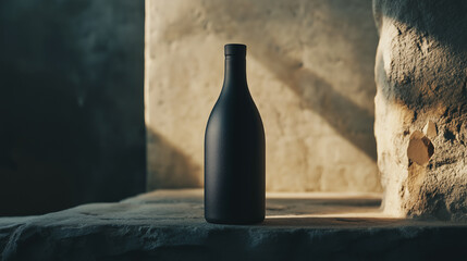 Matte finish bottle with minimal design, placed on a stone surface with soft light from the side creating subtle reflections