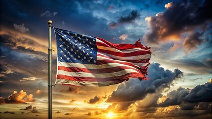 Obraz premium Torn American Flag Symbolizing Political Conflict and Division in the United States, Capturing the Essence of National Discontent and Social Strife