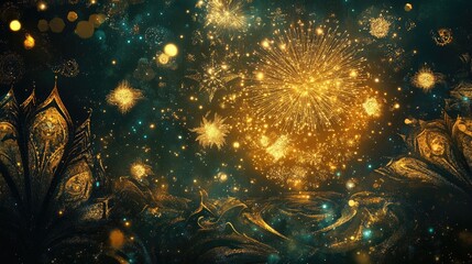 Fototapeta premium Dazzling fireworks display lighting up the night sky with golden splendor.