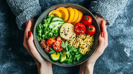 vibrant quinoa buddha bowl with fresh vegetables, citrus slices, and creamy tahini dressing, held by hands on textured surface. dish is colorful and healthy, perfect for nutritious meal