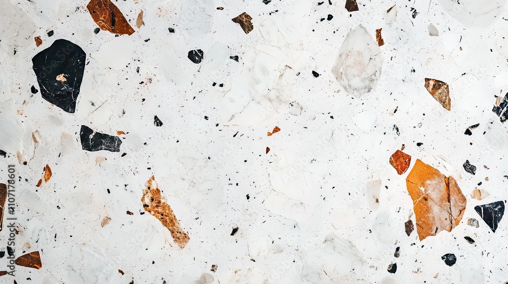 Aufkleber close-up of a terrazzo surface with multicolored stone chips embedded in a white base.