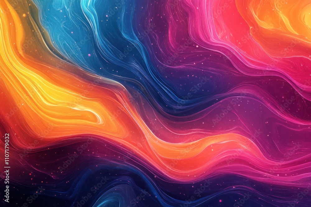 Poster abstract colorful wavy background with flowing lines and glowing particles.