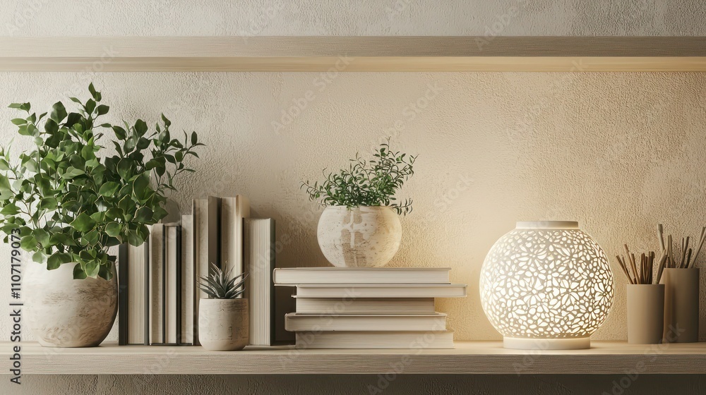 Poster a decorative lamp mockup featuring intricate patterns, displayed on a shelf with books and plants, a