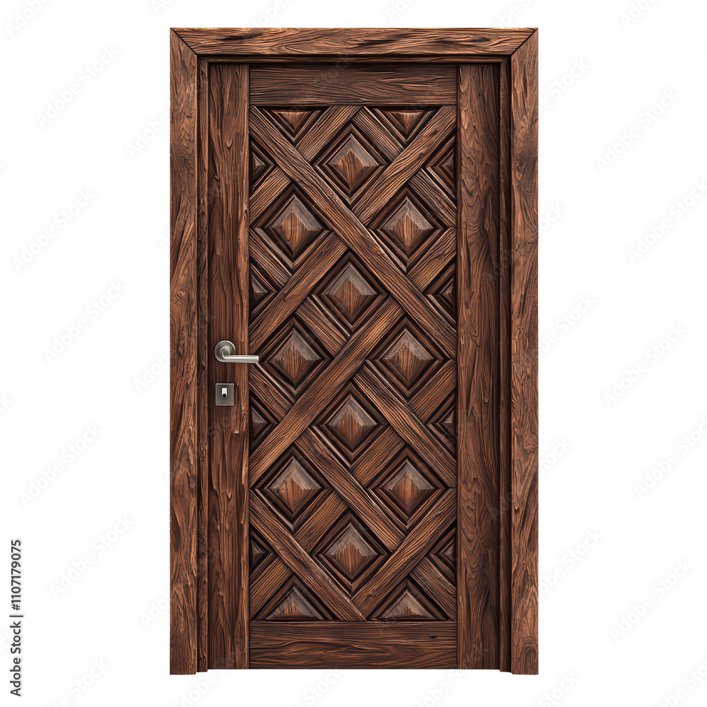 Aufkleber wooden door with intricate geometric patterns and modern handle isolated on transparent background