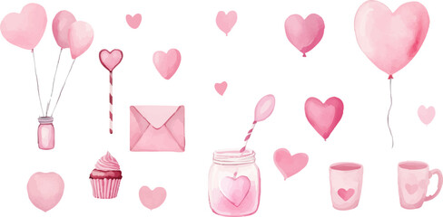 Set of cute pink and red watercolor Valentine's Day elements on white background.