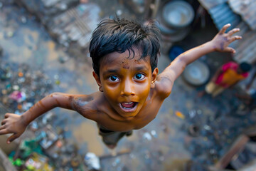 A young Indian boy jumps with wonder, his eyes wide with amazement as he discovers the thrill of defying gravity, his spirit filled with awe and delight.