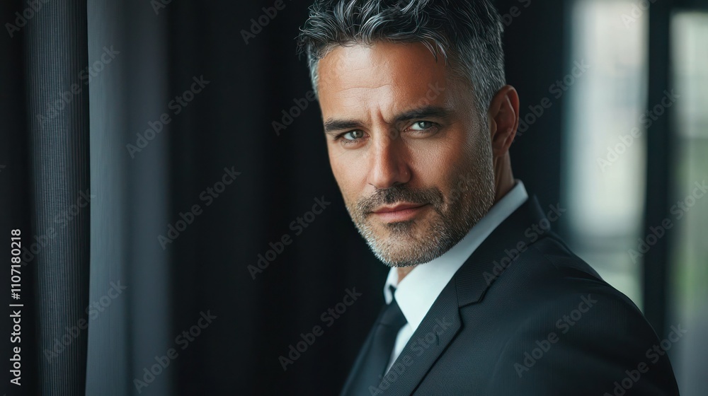 Poster a dynamic confident portrait of a man in a suit, looking directly at the camera with an assured expr