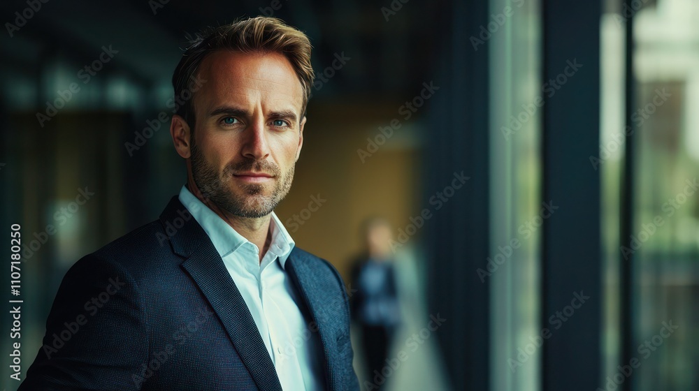 Poster a dynamic confident portrait of a man in a suit, looking directly at the camera with an assured expr