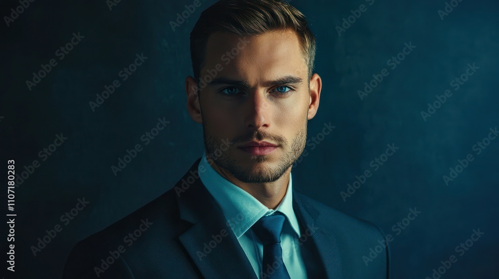 Poster a dynamic confident portrait of a man in a suit, looking directly at the camera with an assured expr