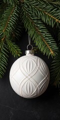 White ornament hanging on evergreen branches.